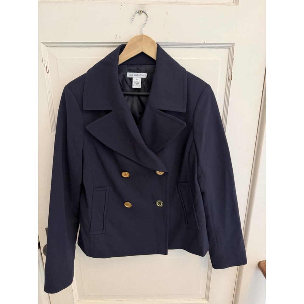 Liz Claiborne Navy Double Breasted Gold Buttons‎ Blazer Pea Coat Pockets Medium
